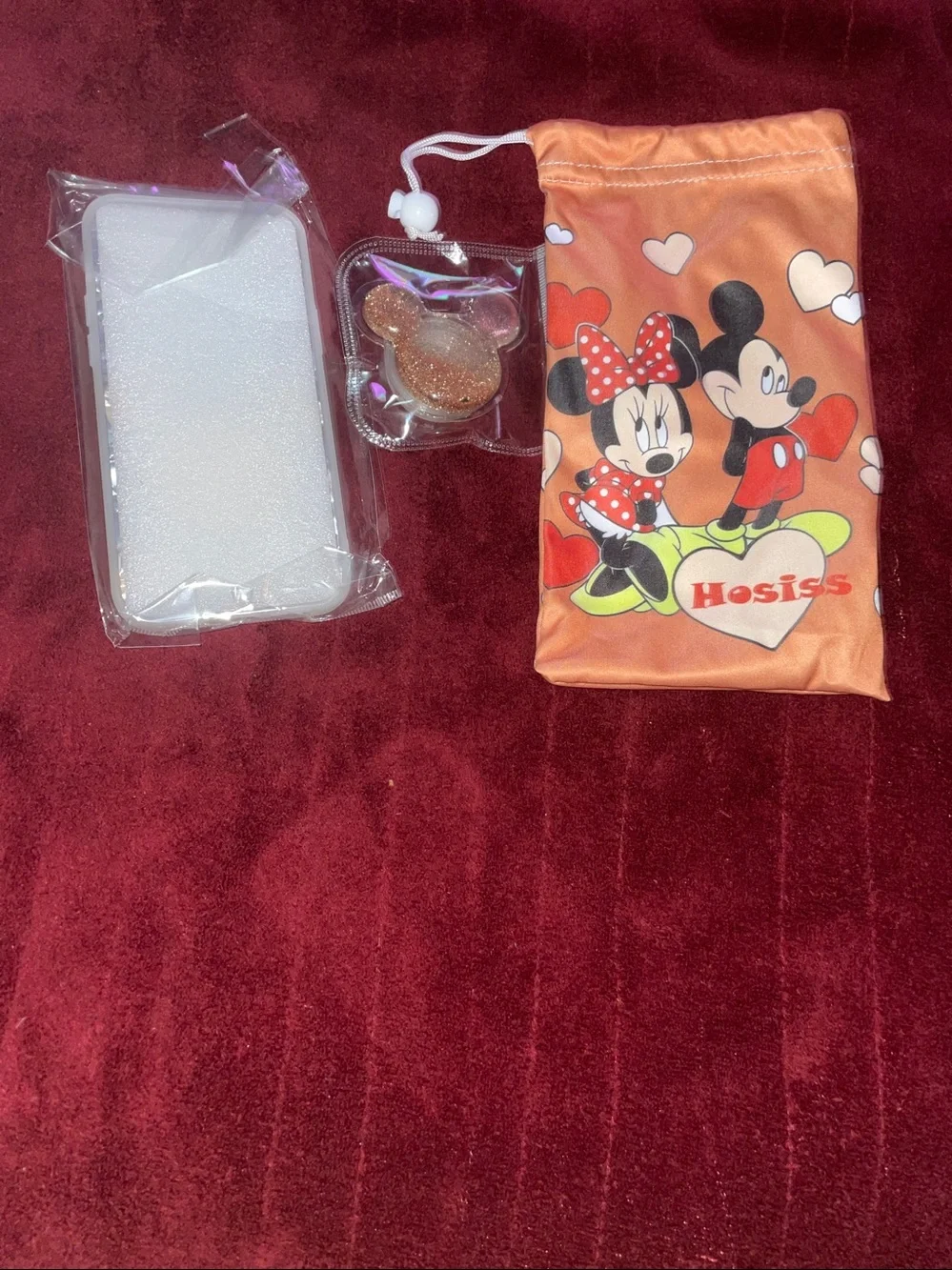 Mickey & Minnie Orange Drawstring Phone Pouch with Clear Minnie Phone Case